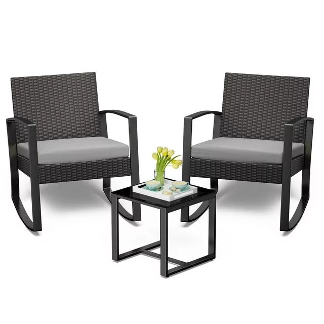 3 Pieces Wicker Patio Set Outdoor Chair Set with Glass Table Rattan Chair Modern Bistro Set for P... | Walmart (US)