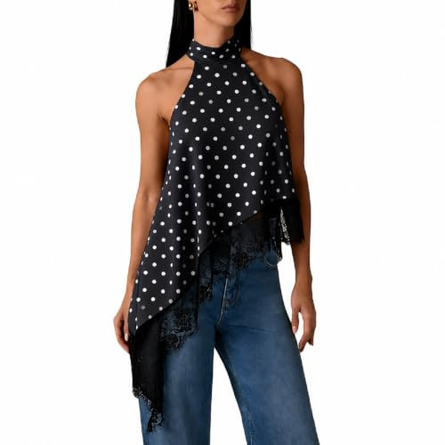 Women's Satin Halter Top Lace Trim Asymmetrical Hem Y2K Going Out Top m | Amazon (US)