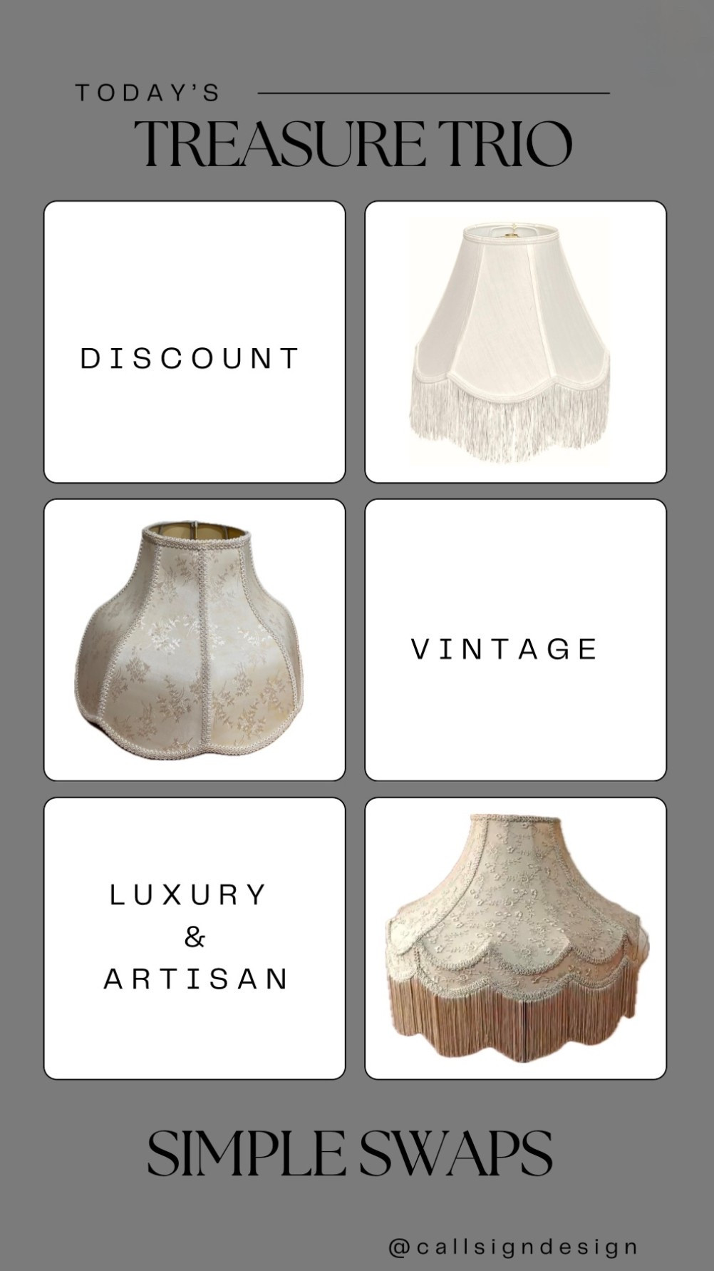 A soft, scalloped lampshade that casts the warmest glow. Romantic in detail and timeless in feel, it adds texture, charm, and a little nostalgia to any lamp.

#CallSignDesign #Vintage #Luxury #InteriorDesign #InteriorDecorating #Elegance #Chandelier #OldWorldCharm #DesignStyle #CastleCore #OldWorldCharm  #SimpleSwaps