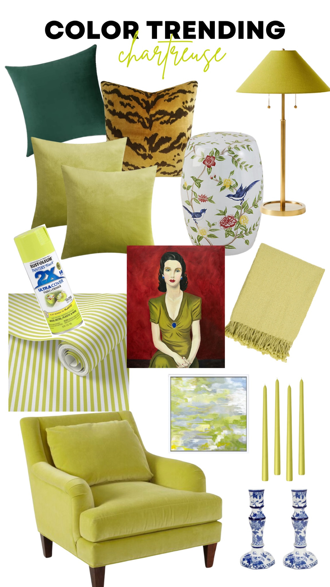 Color trending: chartreuse

Velvet pillow, green, tiger, print, lamp, spray, paint, portrait, art, striped wallpaper, chair, candles, blue and white home decor

#LTKhome