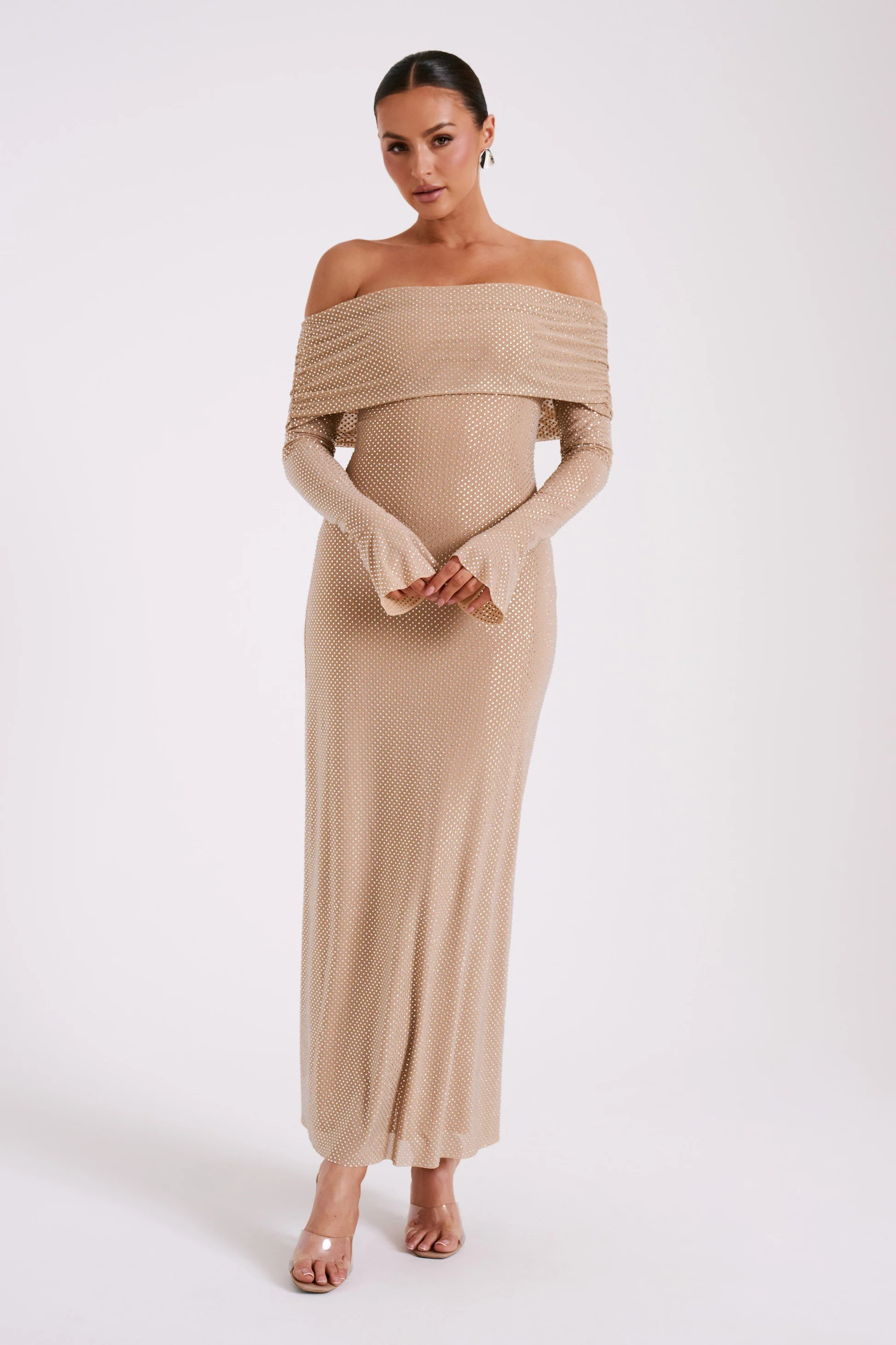 Marcel Off Shoulder Diamante Maxi Dress - Nude | MESHKI US
