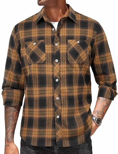 COOFANDY Men's Flannel Shirts Long Sleeve Button Down Plaid Shirt Lightweight Shirt Jacket with Pocket Black Brown | Amazon (US)