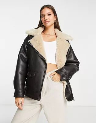 Topshop faux leather oversized shearling lined biker jacket in brown | ASOS | ASOS (Global)