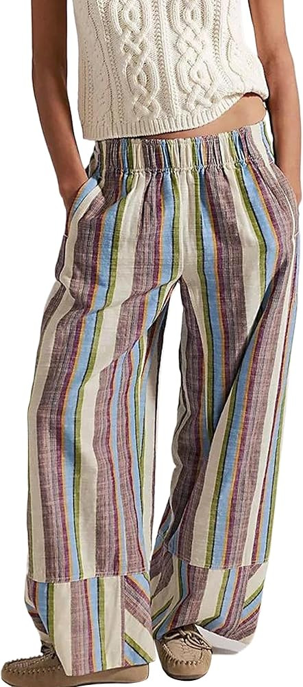 Womens Striped Wide Leg Pants Summer Boho Palazzo Pants Causal Elastic High Waist Long Lounge Tro... | Amazon (US)