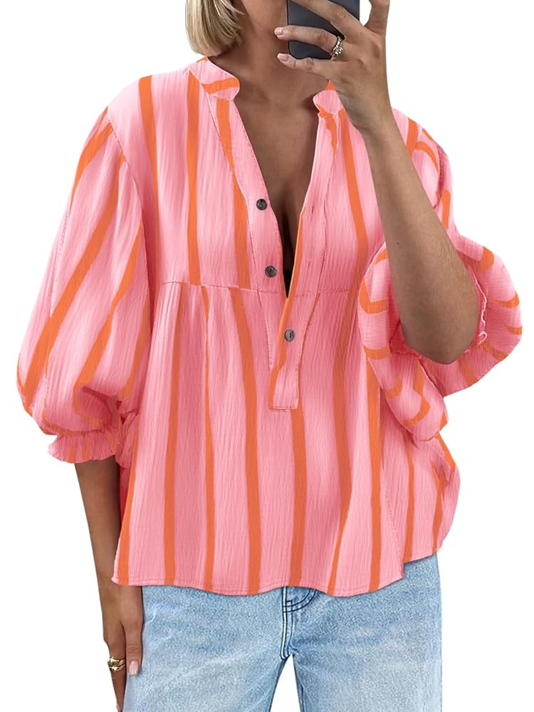 Tankaneo Womens Puff Sleeve Babydoll Tops Summer V Neck Striped Blouse Cute Casual Loose Fit Flow... | Amazon (US)