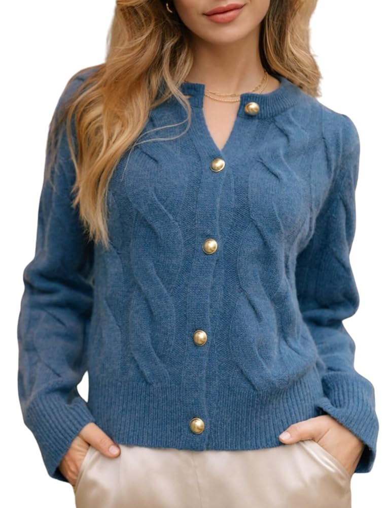 Omoone Short Cardigan Sweaters for Women Loose Crewneck Cable Knit Tops Casual Chunky Button Up F... | Amazon (US)