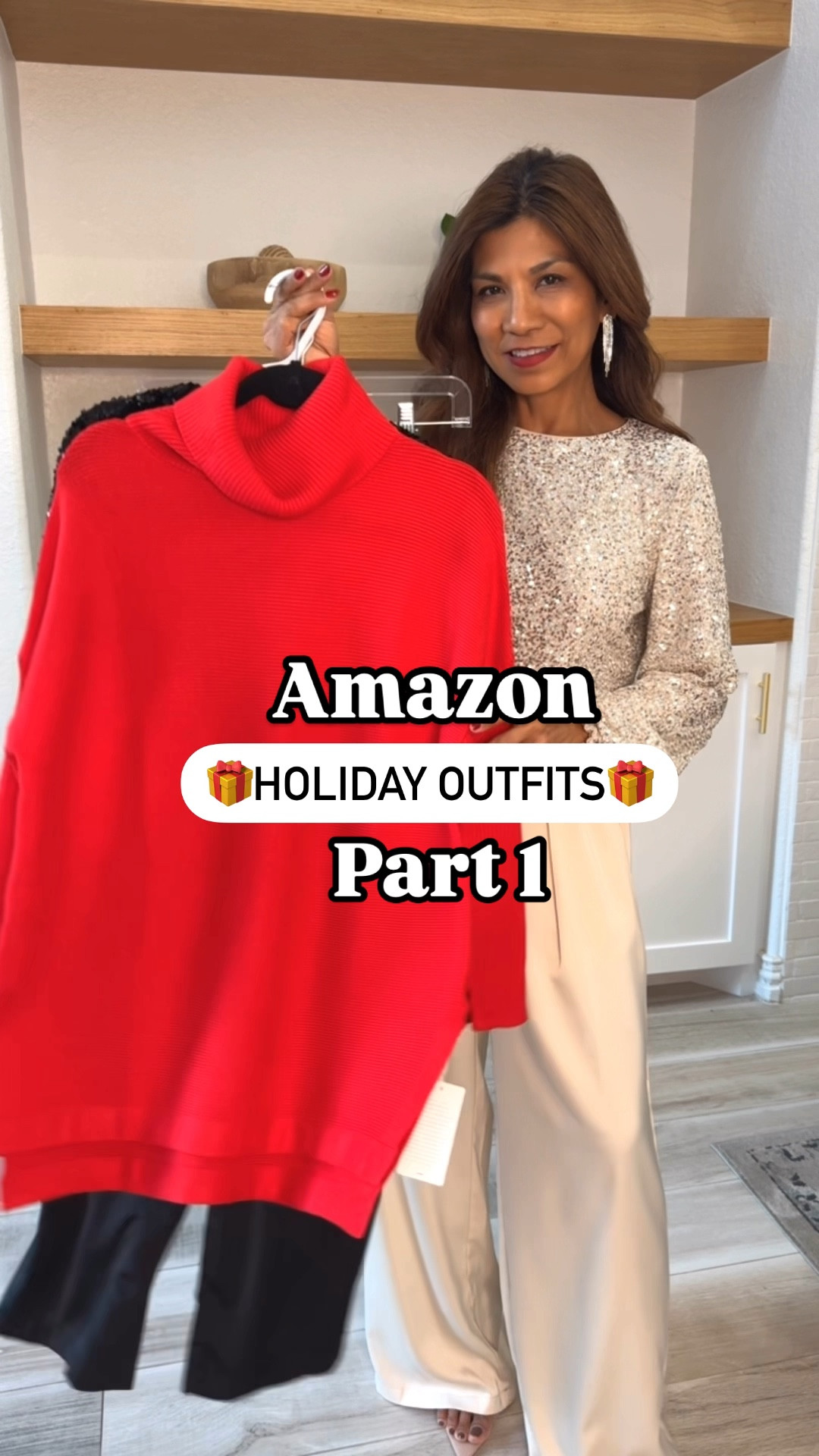 Sequined top in small.
Satin pants in small.
Red sweater in XS oversized fit. 
Faux leather leggings in small.
Clear heels fit tts.
Suede boots fit tts. 
Both  bags are linked(sparkly and suede)
All accessories linked.
Red lips in shade 861; red lipliner shade
Wearing fav panties in sequined top.
Holiday outfits, Christmas outfits, Christmas party, office parties. Amazon finds,fashion over 50, midlife fashion, petite fashion, work party outfits.

#LTKOver40 #LTKHoliday #LTKSeasonal