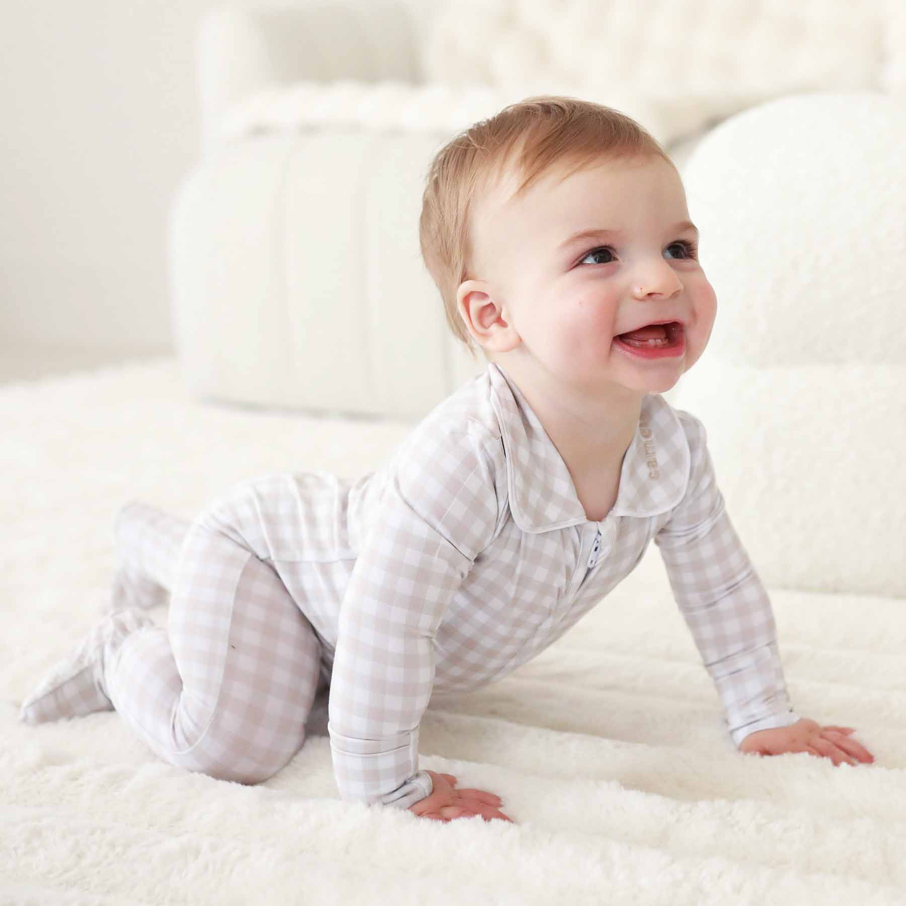 Peter Pan Collar Zipper Footie | Taupe Gingham | Caden Lane