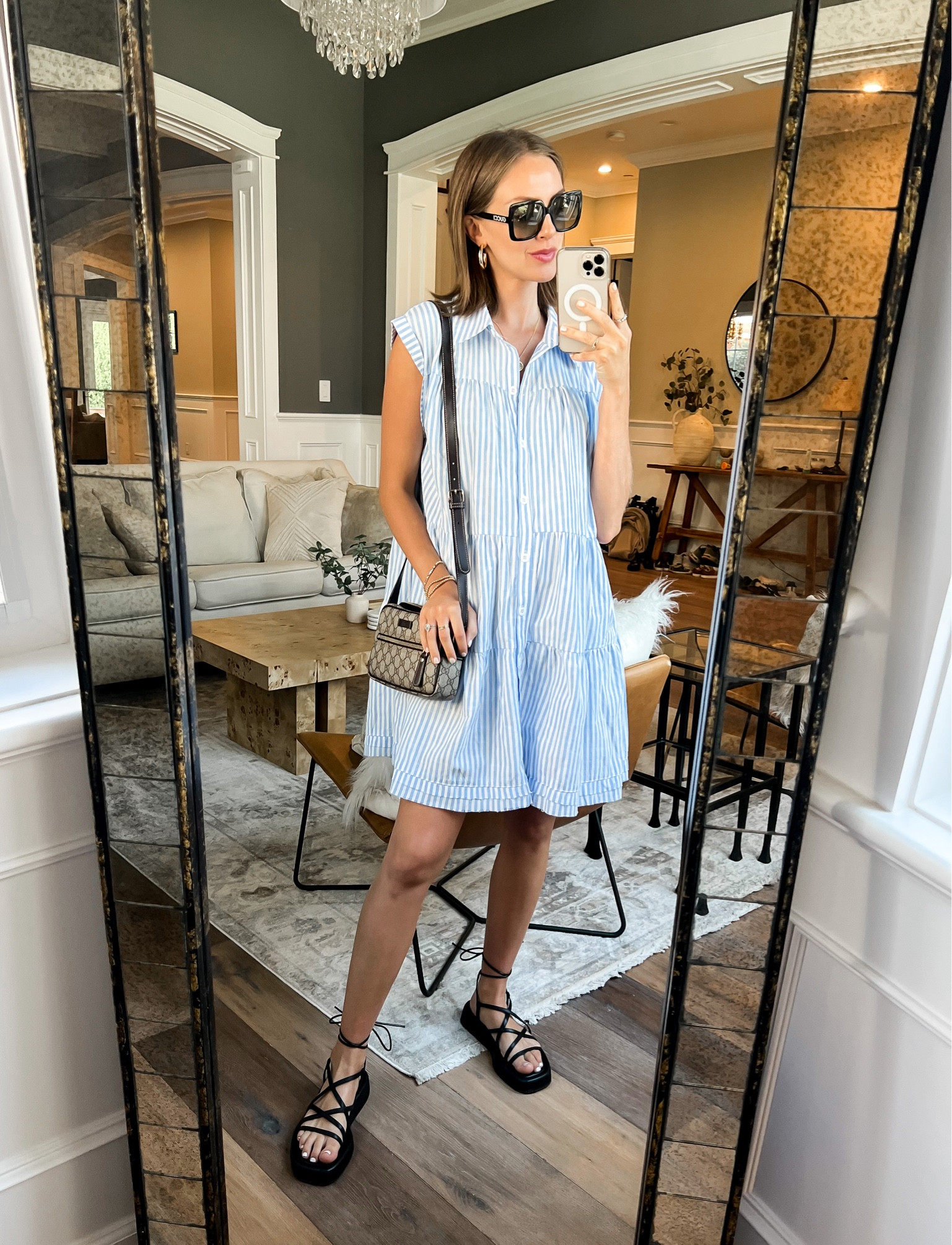 Blue striped dress // summer dress // bump friendly // button down // black sandals 

#LTKFind #LTKSeasonal #LTKbump