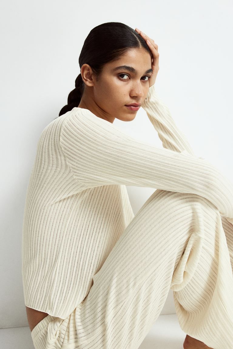 Rib-knit Cardigan - Round Neck - Long sleeve - Cream - Ladies | H&M US | H&M (US + CA)