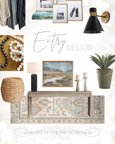 Entry decor, entry table, entry lamp, classic decor, modern decor, transitional home decor, pottery barn, entry rug, area rug, woven ottoman, faux plant, table lamp, black lamp, beaded decor, wood decor, neutral decor, gold frames, picture frames, throw blanket, wall sconce, modern lighting, wall art, landscape art, candle holders

#LTKhome #LTKunder100