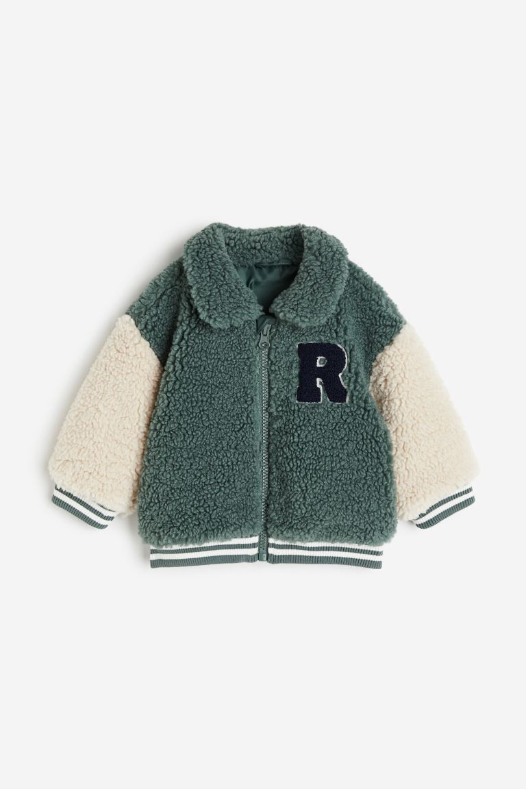 Pile Baseball Jacket - Dark green/beige -  | H&M US | H&M (US + CA)