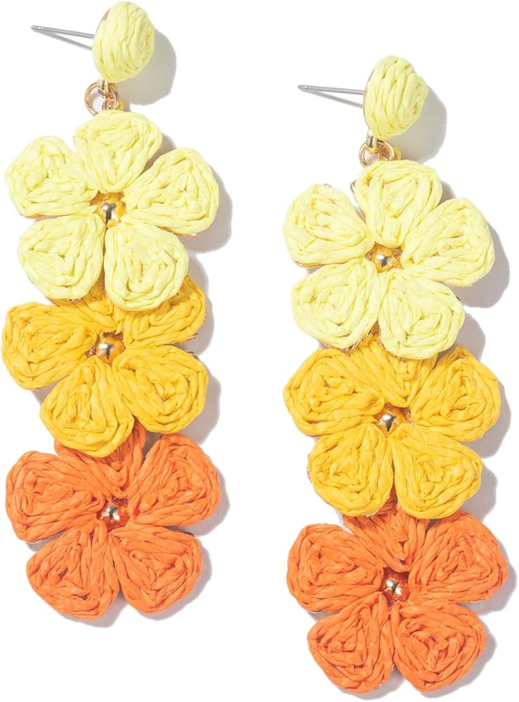 Flower Drop Earrings Floral Raffia Earrings Boho Statement Dangle Earrings Trendy Cute Summer Bea... | Amazon (US)