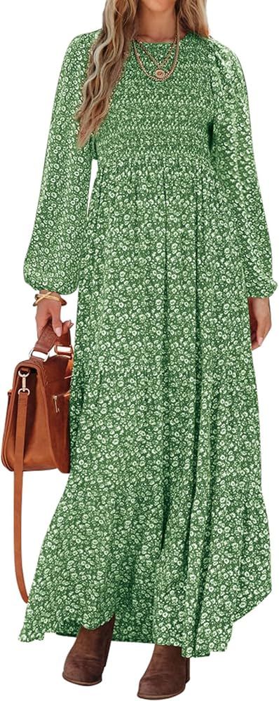 PRETTYGARDEN Women's Fall Dresses 2024 Long Sleeve Flowy Casual Floral Maxi Dress Crew Neck Smock... | Amazon (US)