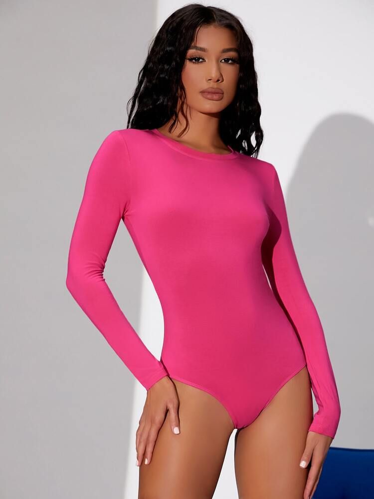SHEIN Hot Pink Long Sleeve Tee Bodysuit | SHEIN