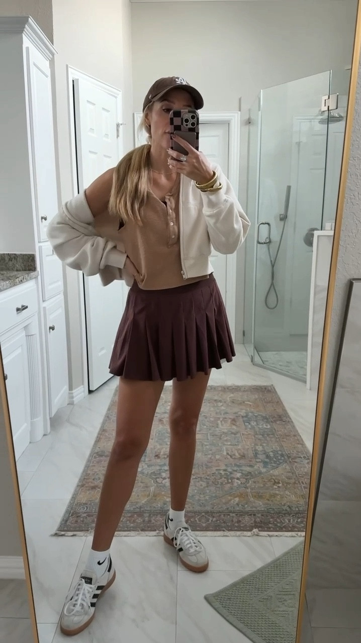 Pickleball OOTD. 

Aerie Tank— oos 
Pleated skirt from Amazon— size s / my tts 
My go-to jacket from Walmart, only $12.98. I sized up 1 to a M. 

#LTKActive #LTKShoeCrush #LTKStyleTip