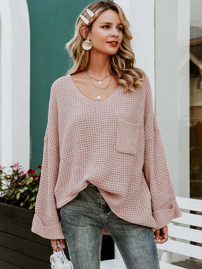 Simplee Solid Drop Shoulder Pocket Front Sweater | SHEIN