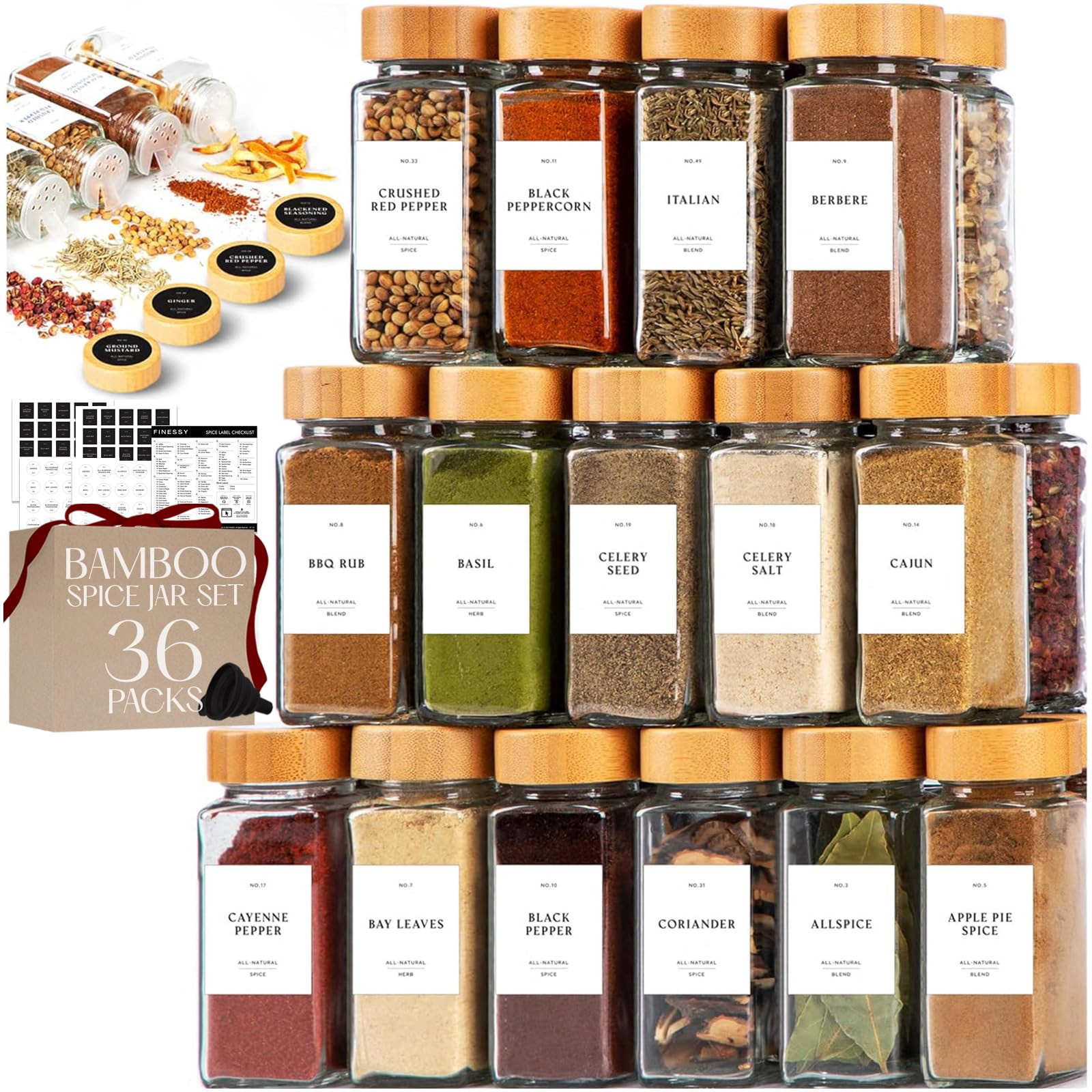 FINESSY Glass Spice Jars with Label with Bamboo Lids 36 Pack Set, 4oz Empty Clear Glass Spice Bot... | Amazon (US)