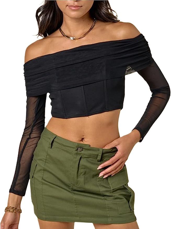 Remidoo Women's Sexy Mesh Ruched Long Sleeve Off Shoulder Crop Top T Shirt | Amazon (US)