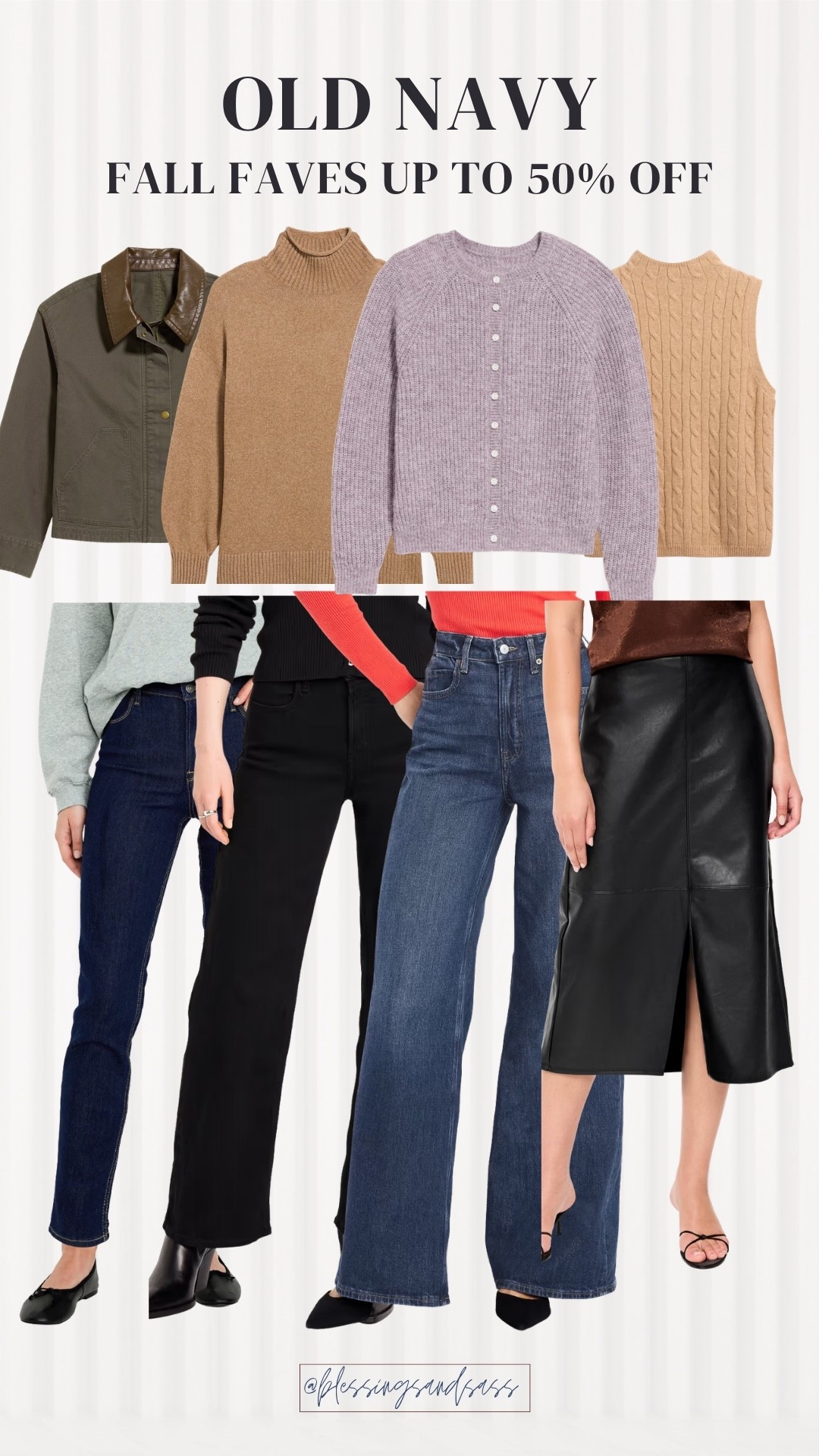 Old Navy fall favorites up to 50% off! 🤎 Love the olive barn jacket and this pretty lavender cardigan. Pair with jeans for an easy everyday look, or style a cozy sweater with the faux leather midi skirt for lunch or dinner!

Old Navy fall finds, olive barn jacket, camel sweater, lavender cardigan, cable knit sweater vest, wide leg jeans, black jeans, faux leather midi skirt, affordable fall outfits, fall outfit ideas

#LTKSaleAlert #LTKootd #LTKSeasonal
