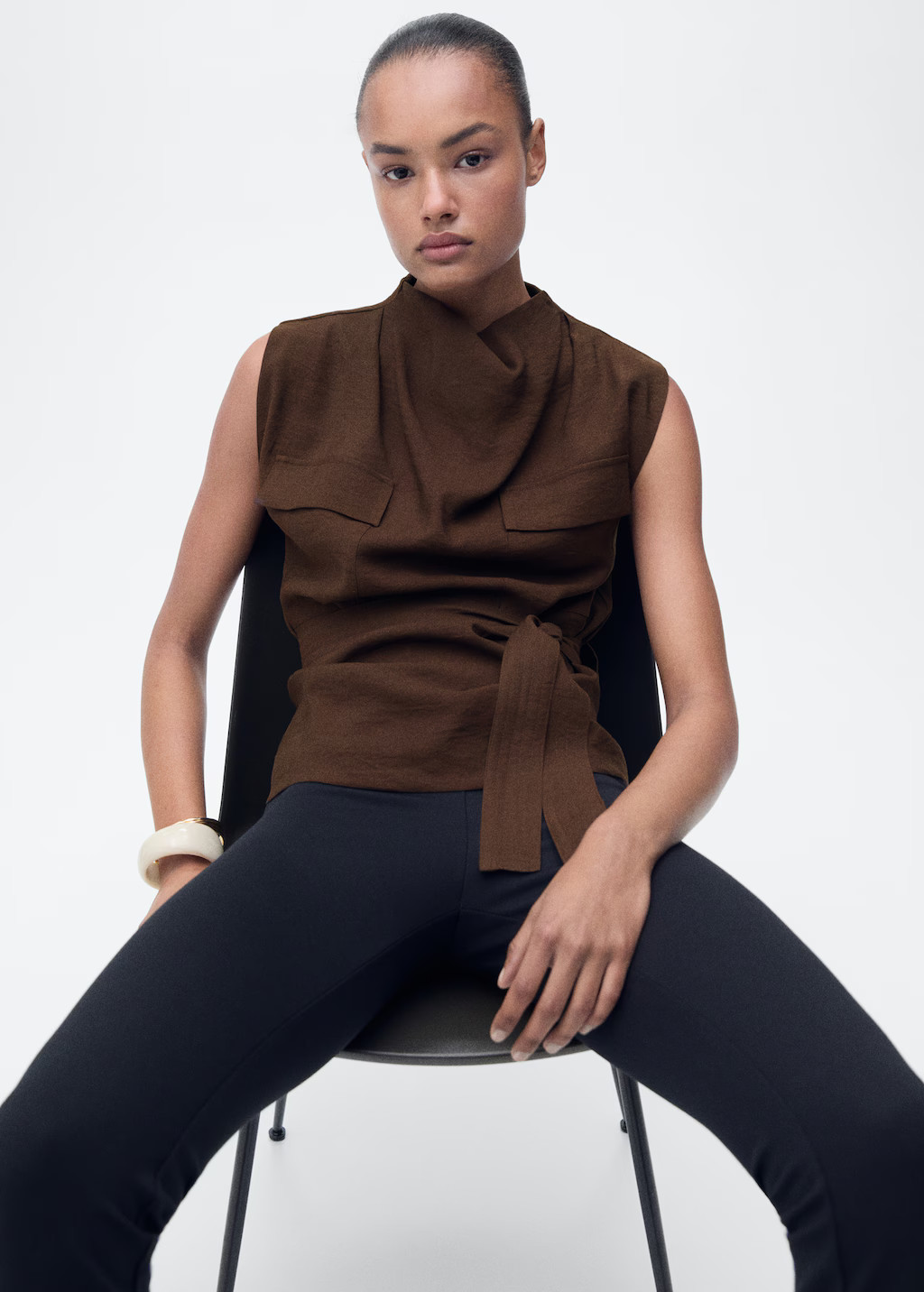 Draped neck blouse with belt - Women | MANGO United Kingdom | MANGO (UK)