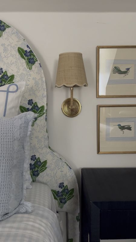 Grandmillennial bedroom he and green gingham rattan scalloped sconces bed skirts with blue detail blue and white euro shams cane rattan decor storage boxes 

#LTKhome