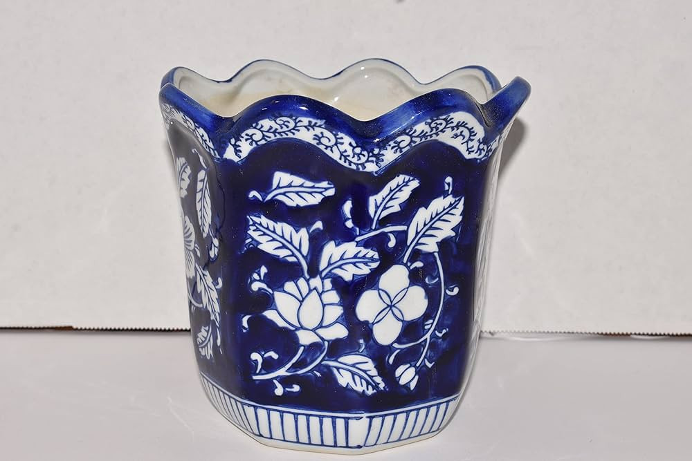 New 5" Cobalt Blue & White Oriental Hibiscus Flowers Scalloped Top Planter Pot | Amazon (US)