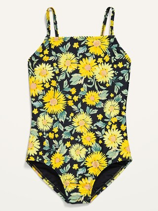 Printed Square-Neck Lattice-Back One-Piece Swimsuit for Girls | Old Navy (US)