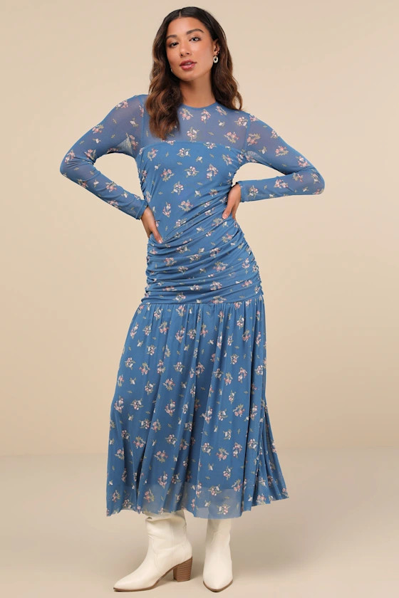 Easy Delight Blue Floral Drop Waist Maxi Dress | Lulus