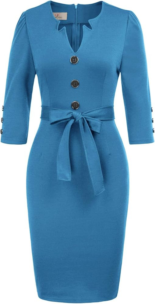 Women Retro 3/4 Sleeve Work Office Business Pencil Dress with Belt | Amazon (US)
