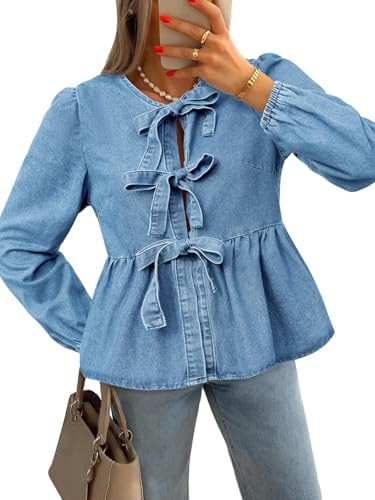 Tankaneo Womens Denim Tie Front Tops Babydoll Peplum Cute Blouse Puff Long Sleeve Going Out Jean ... | Amazon (US)