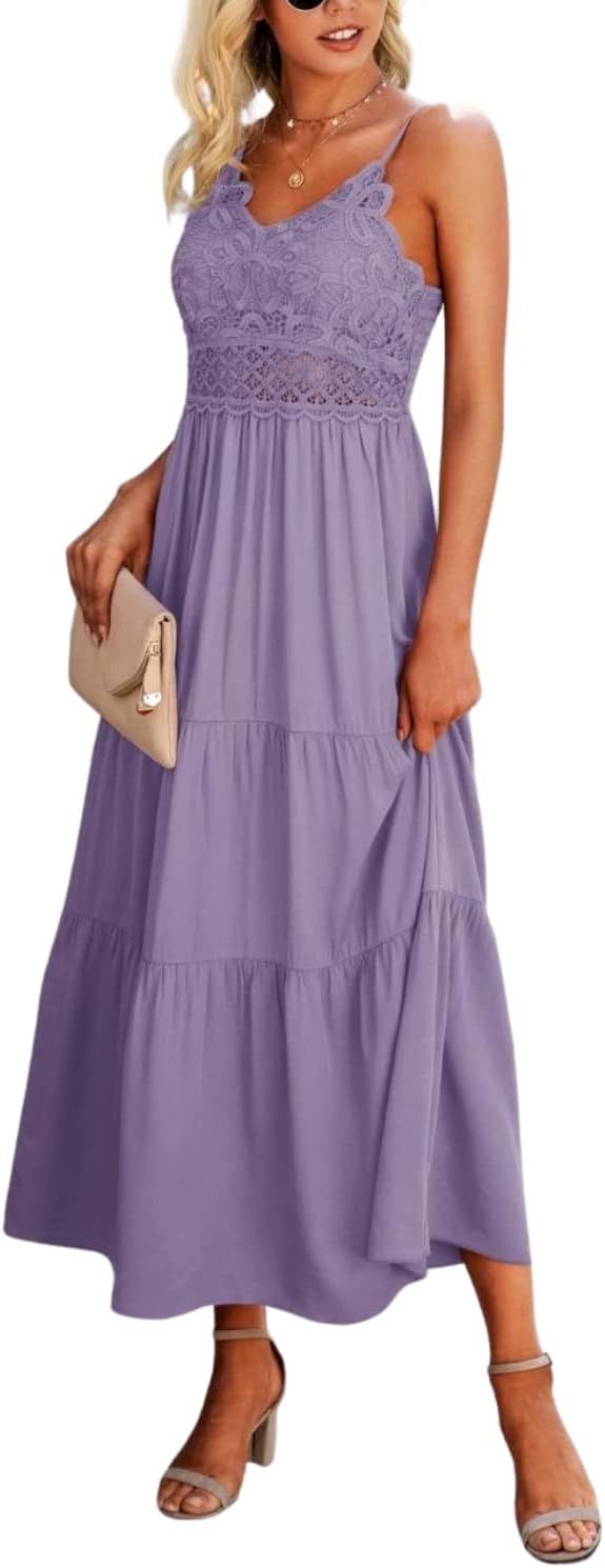 Dokuritu Women's Beach Crochet Lace Maxi Dress Solid Color Summer Spaghetti Strap Long Dress | Amazon (US)