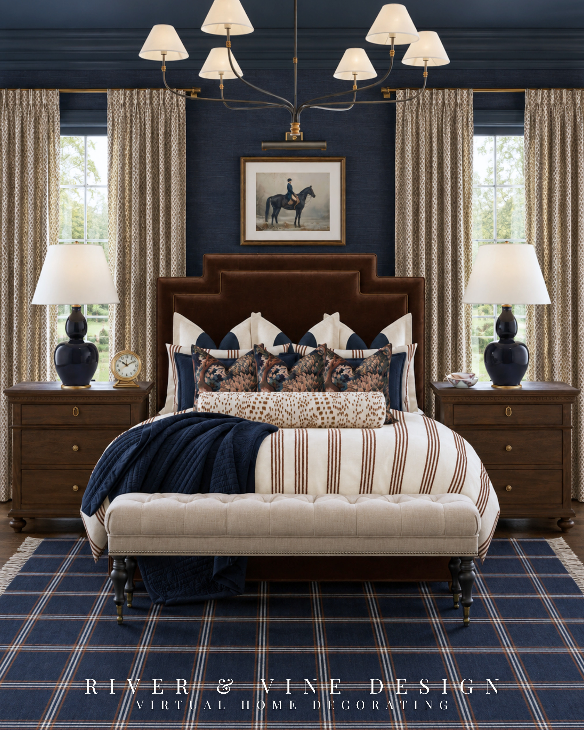 A dark bedroom doesn’t have to feel heavy—the key is balancing every deep color with something warm.

This modern traditional bedroom works because the patterns aren’t competing at the same scale. The plaid rug anchors the room, the striped bedding creates rhythm, and the smaller pillow patterns add detail where your eye naturally lands. Warm brown furniture and creamy textiles keep all that navy from feeling cold.

If you’re recreating this look, begin with the rug and bedding. Once those colors are established, choosing the curtains, pillows, and lighting becomes much easier.

navy bedroom decor, modern traditional bedroom, plaid bedroom rug, striped bedding ideas, equestrian home decor, layered bed styling, dark blue bedroom, classic primary bedroom

I may receive a commission from purchases made through my links. 

 #LTKHome