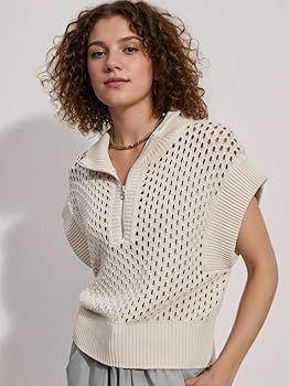 Oversized Hollow Knit Sweater Vest for Women Casual Half-Zip Cap Sleeve Crochet Knit Tank Tops | Amazon (US)