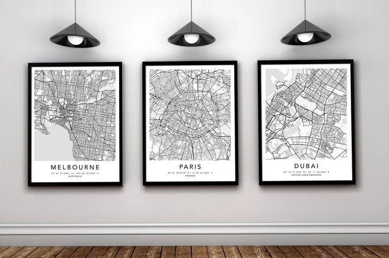 Personalized Set of 3 Any City Map Prints Custom Locations Home Town Print Canvas with Frame Firs... | Etsy (US)