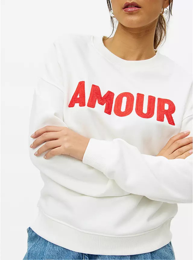 Amour Embellished Slogan Crew Sweatshirt L | Tu Clothing