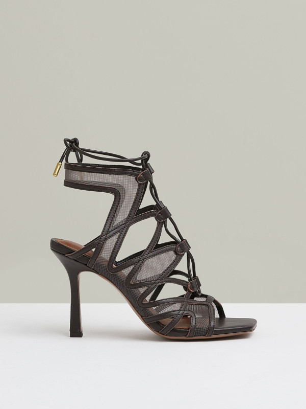 Mesh Leather Strappy Heels in Chocolate | Reiss UK