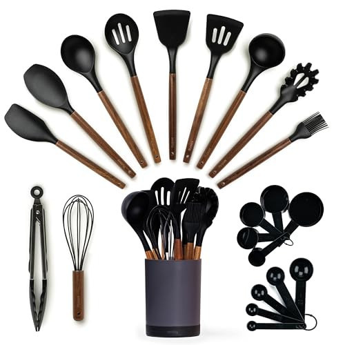 SMIRLY Kitchen Utensils Set – 22-Piece Silicone Cooking Utensils Set, Spatula Set with Holder, Wooden Handle Silicone Kitchen Gadgets for Nonstick Cookware | Amazon (US)