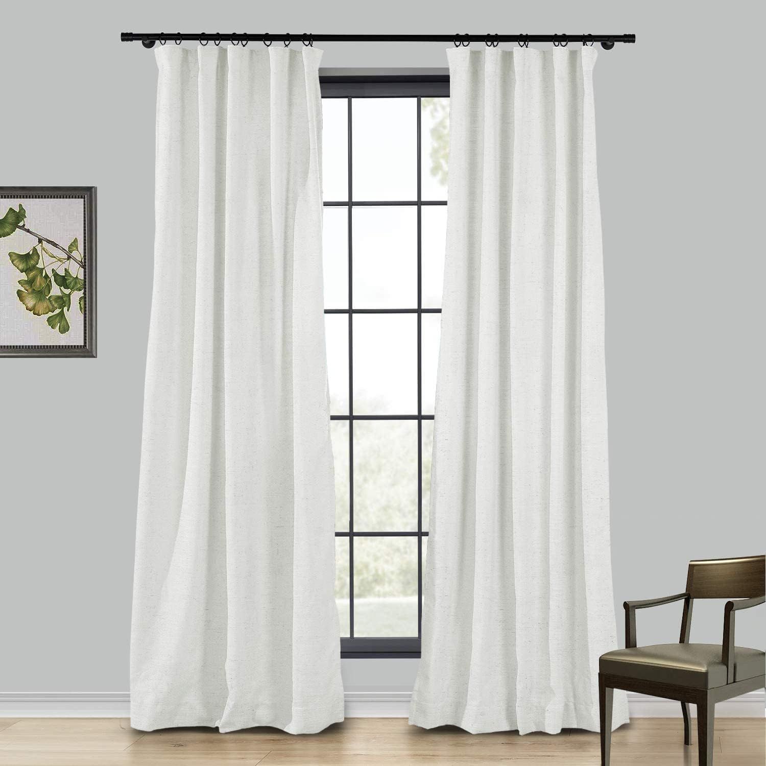 TWOPAGES Linen Curtain, 96 Inches Long Solid Room Darkening Hook Belt Single Curtain Panel, Ivory... | Amazon (US)