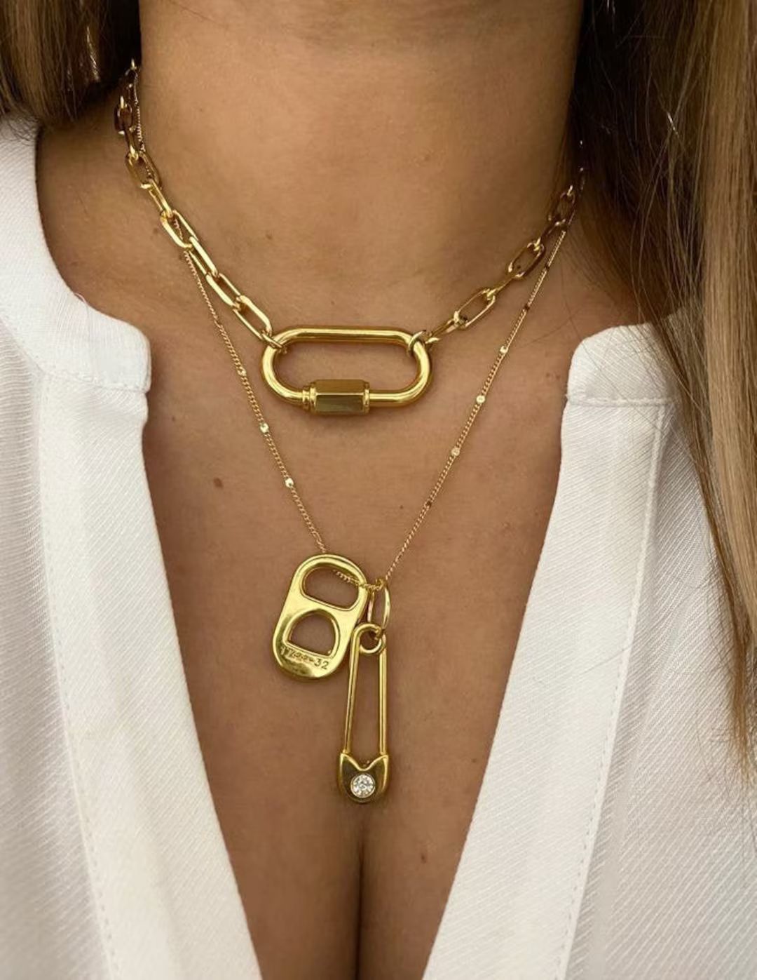 layer necklace set | gold link chain necklace | carabiner screw lock necklace | safety pin  | loc... | Etsy (US)
