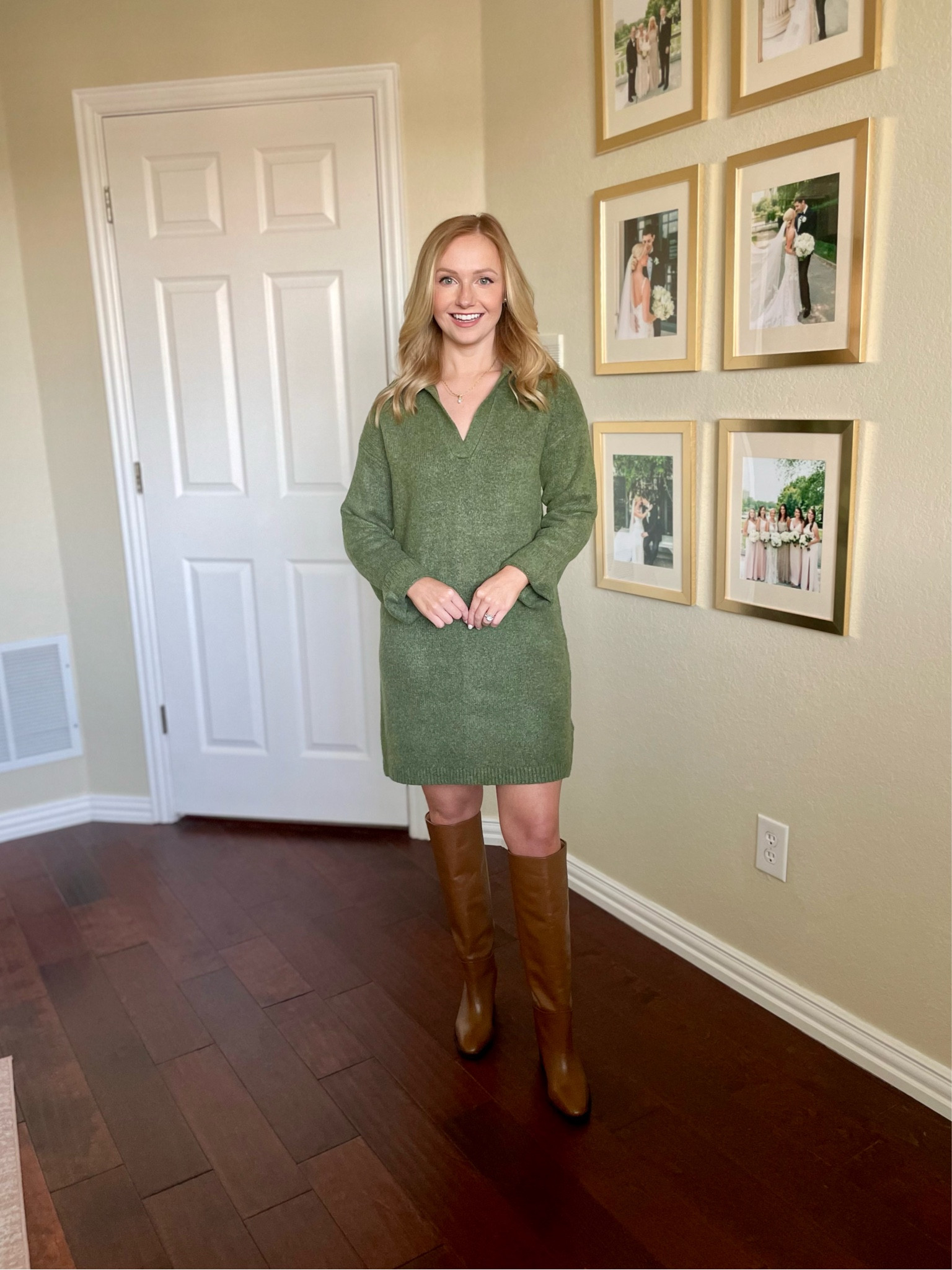 Wearing an XS regular in dress | Thanksgiving outfit, sweater dress, green dress, fall dress, brown boots, tall boots 

#LTKSeasonal #LTKFindsUnder100 #LTKStyleTip