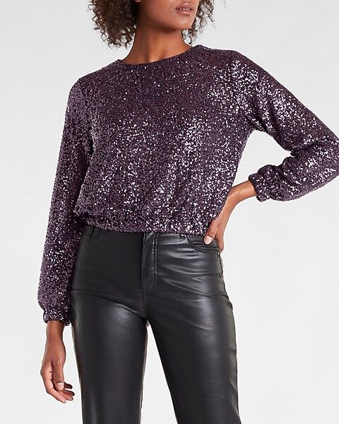 Sequin Long Sleeve Banded Bottom Top | Express