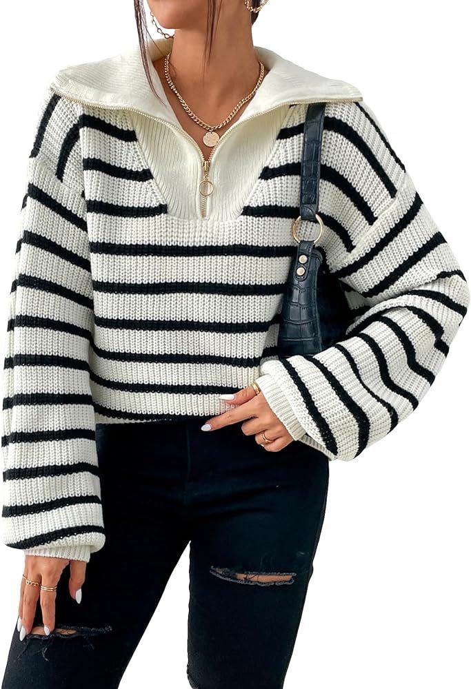 GORGLITTER Women's Striped Half Zip Sweaters Top Casual Long Sleeve Collared Neck Knitwear | Amazon (US)
