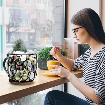 Rustic Metal K-Cup Coffee Pod Holder Mug, Large Wire Basket With Wooden Base For Countertop Coffee Storage | Wayfair North America