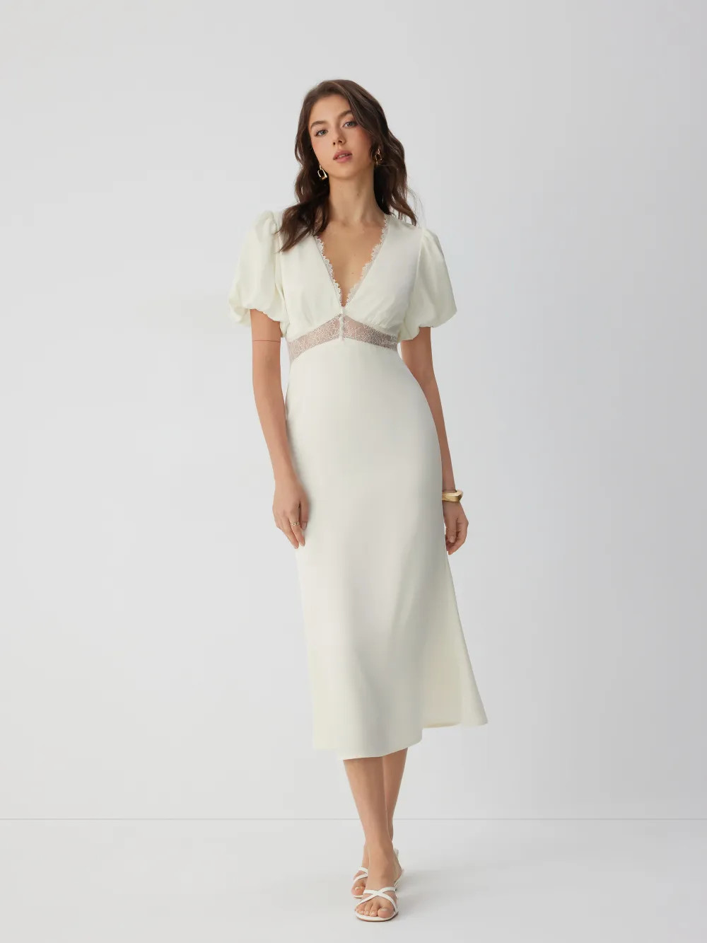 Satin V-neck Puff Sleeve Lace Panel Mid Rise Mermaid Maxi Dress | Cider