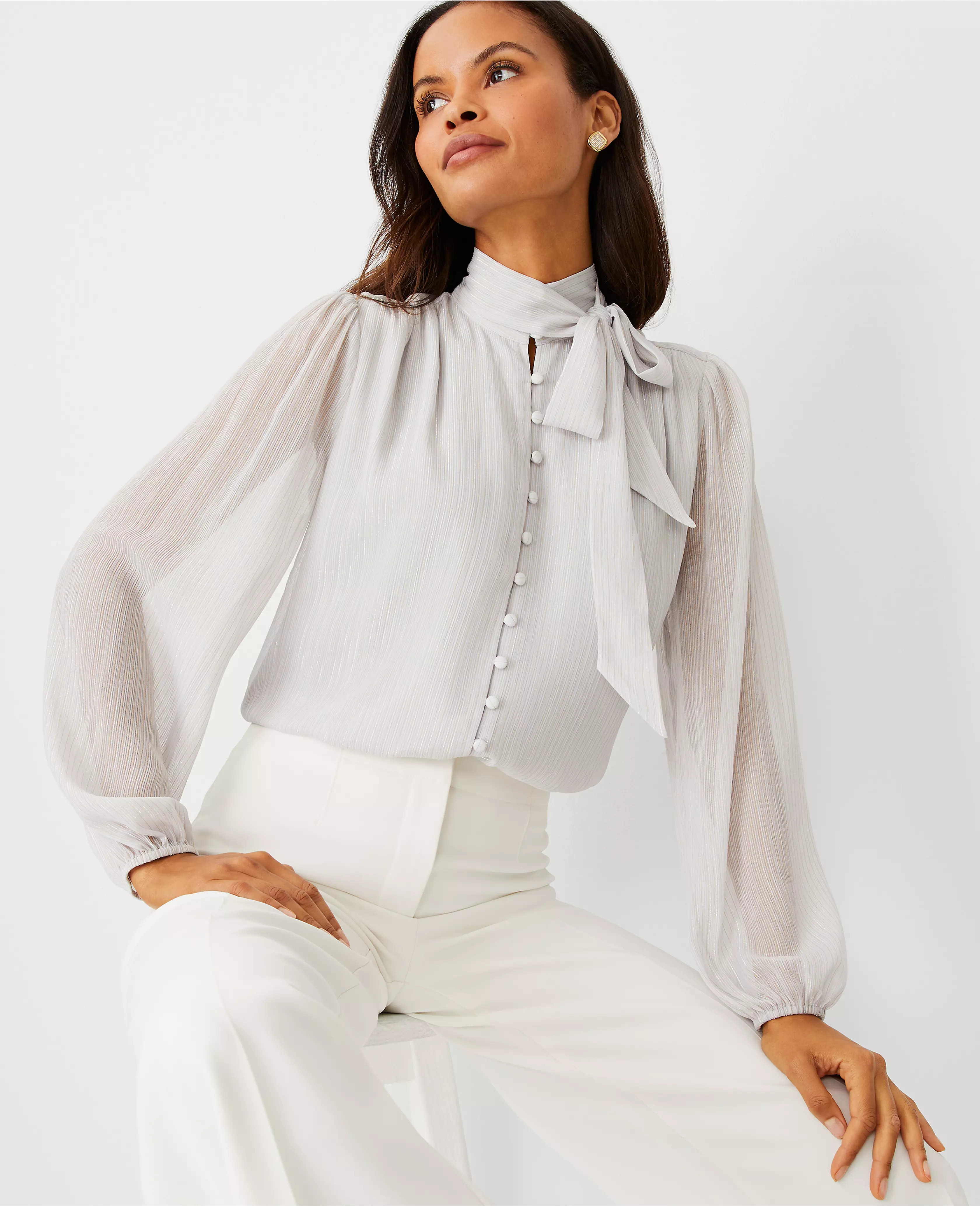 Petite Metallic Dobby Stripe Bow Blouse | Ann Taylor (US)