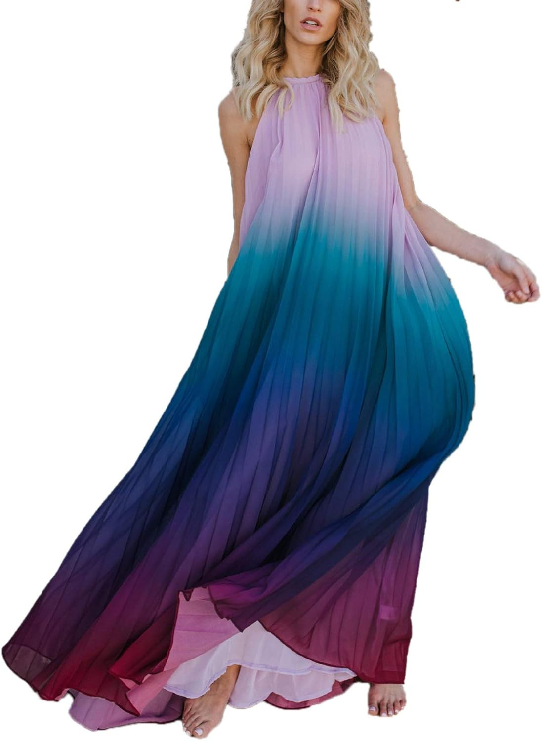 Paintcolors Women's Casual Halter Sleeveless Pleated Long Maxi Dress Backless Loose Ombre Summer ... | Amazon (US)