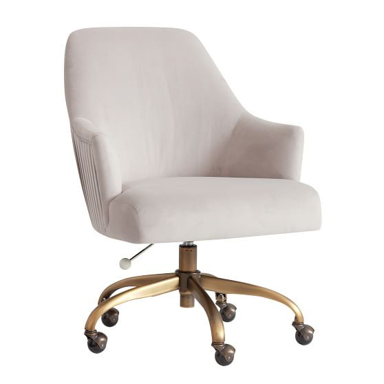 Velvet Pleated Swivel Desk Chair, Velvet Gray w/ Antique Brass Base | Pottery Barn Teen