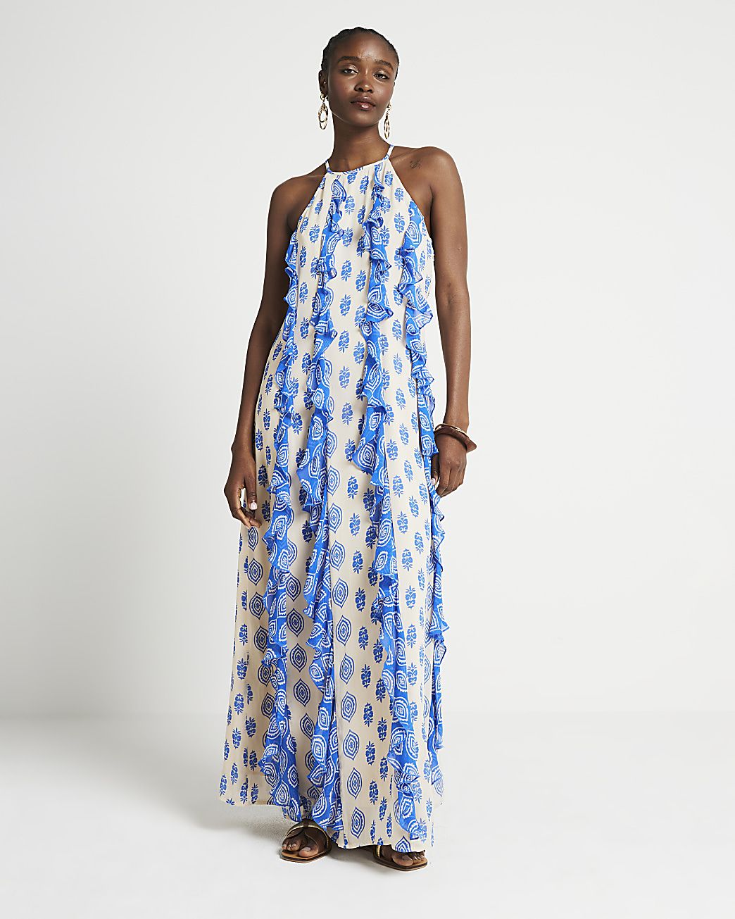 Blue geometric frill smock maxi dress | River Island (UK & IE)