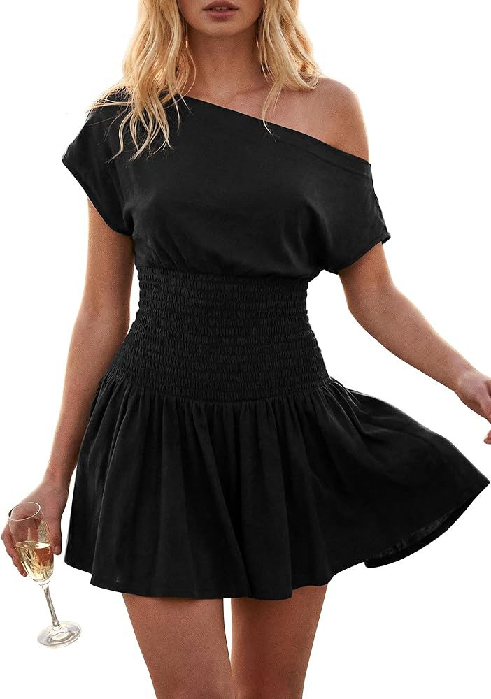 YUENIU Women's One Shoulder Mini Dress Off Shoulder Boho Slouchy Smocked Waist Ruffle Hem with Po... | Amazon (US)